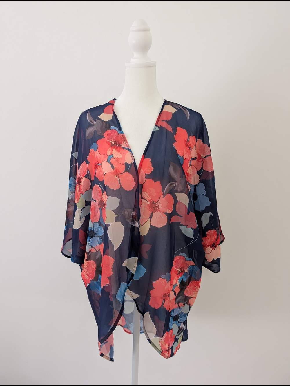 Kimono Cardigan Women L Sheer Navy Floral Swim Cover-Up Open Front Boho